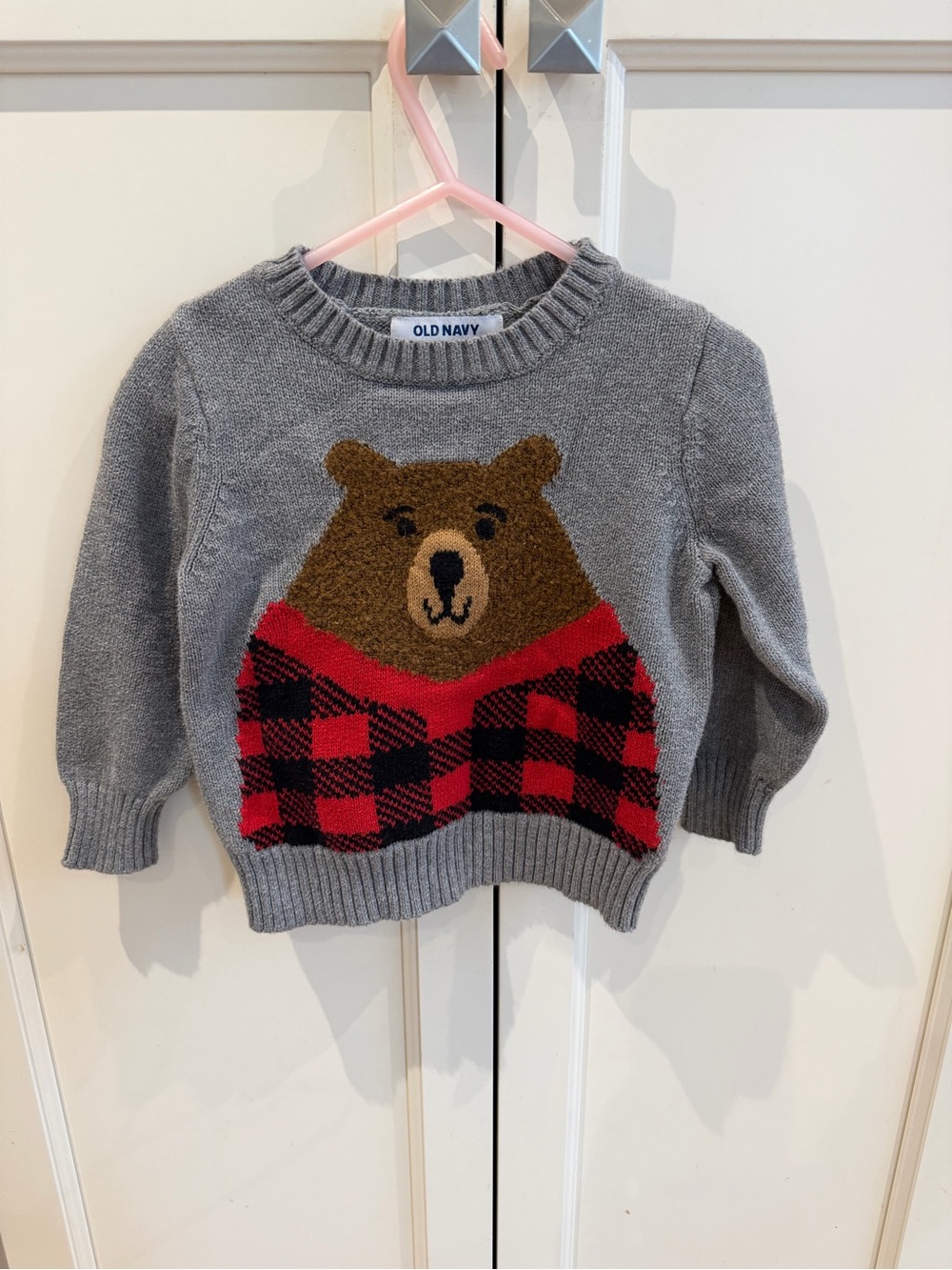 Old Navy 2t Kids' Gray Bear Sweater with Red Plaid